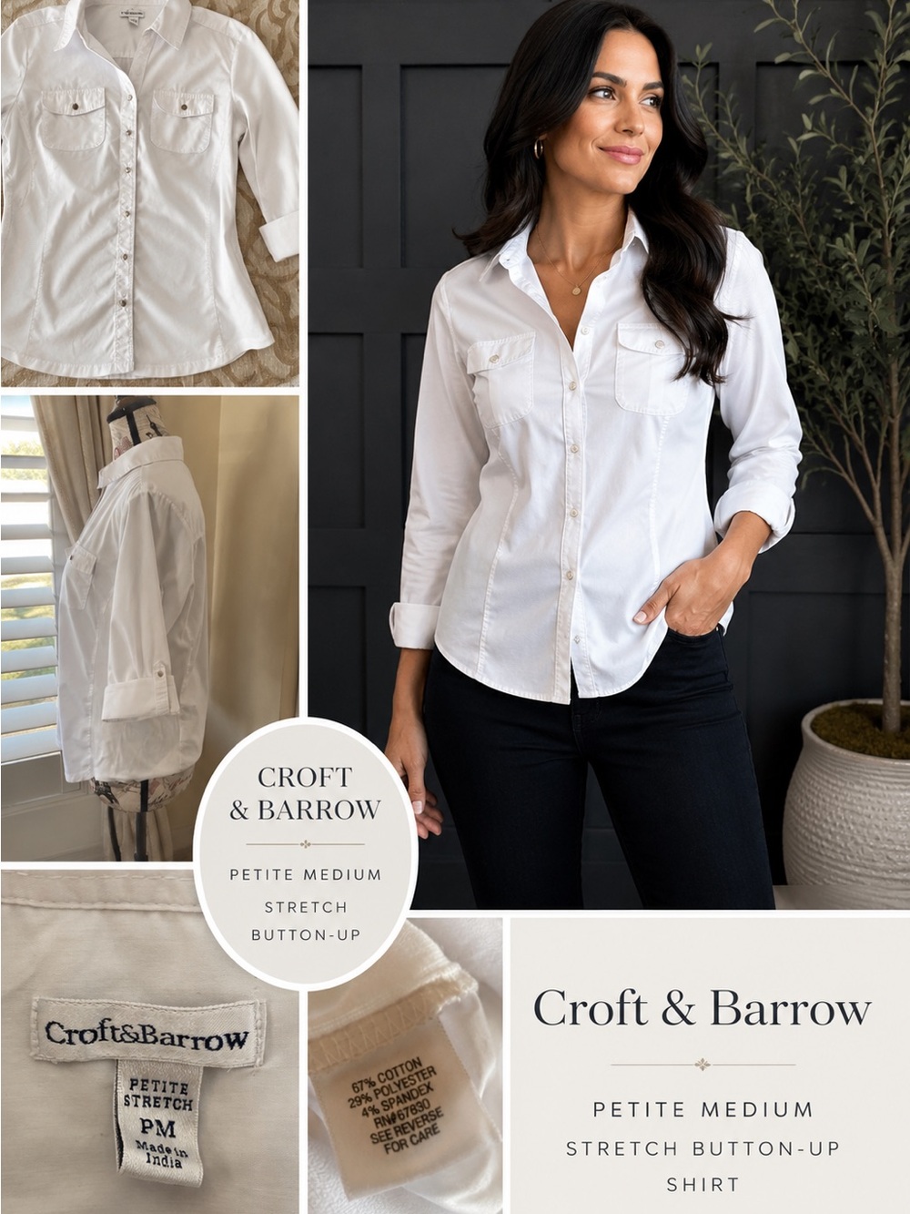 Croft & Barrow Petite Medium White Stretch Button-Up Shirt Roll Tab Sleeves - Picture 2 of 9